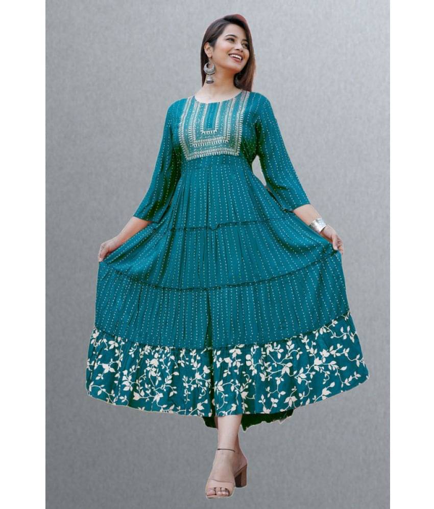 CTMTEX Rayon Printed Flared Women's Kurti - Teal ( Pack of 1 ) CTMTEX Rayon Printed Flared Women's Kurti - Teal ( Pack of 1 )