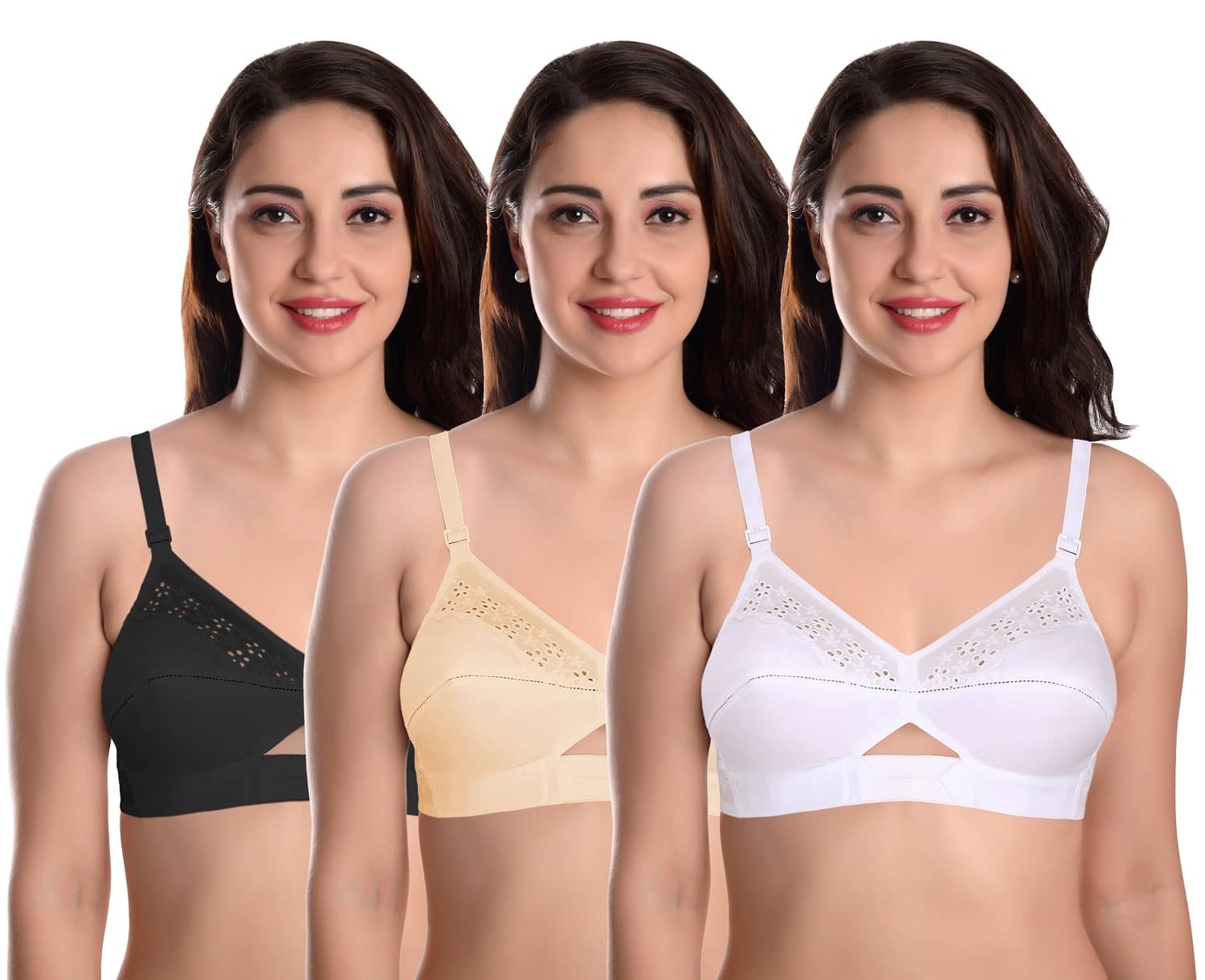 Featherline Pack of 3 Cotton Non Padded Women's Everyday Bra ( Beige,Black,White ) SONNET COTTON