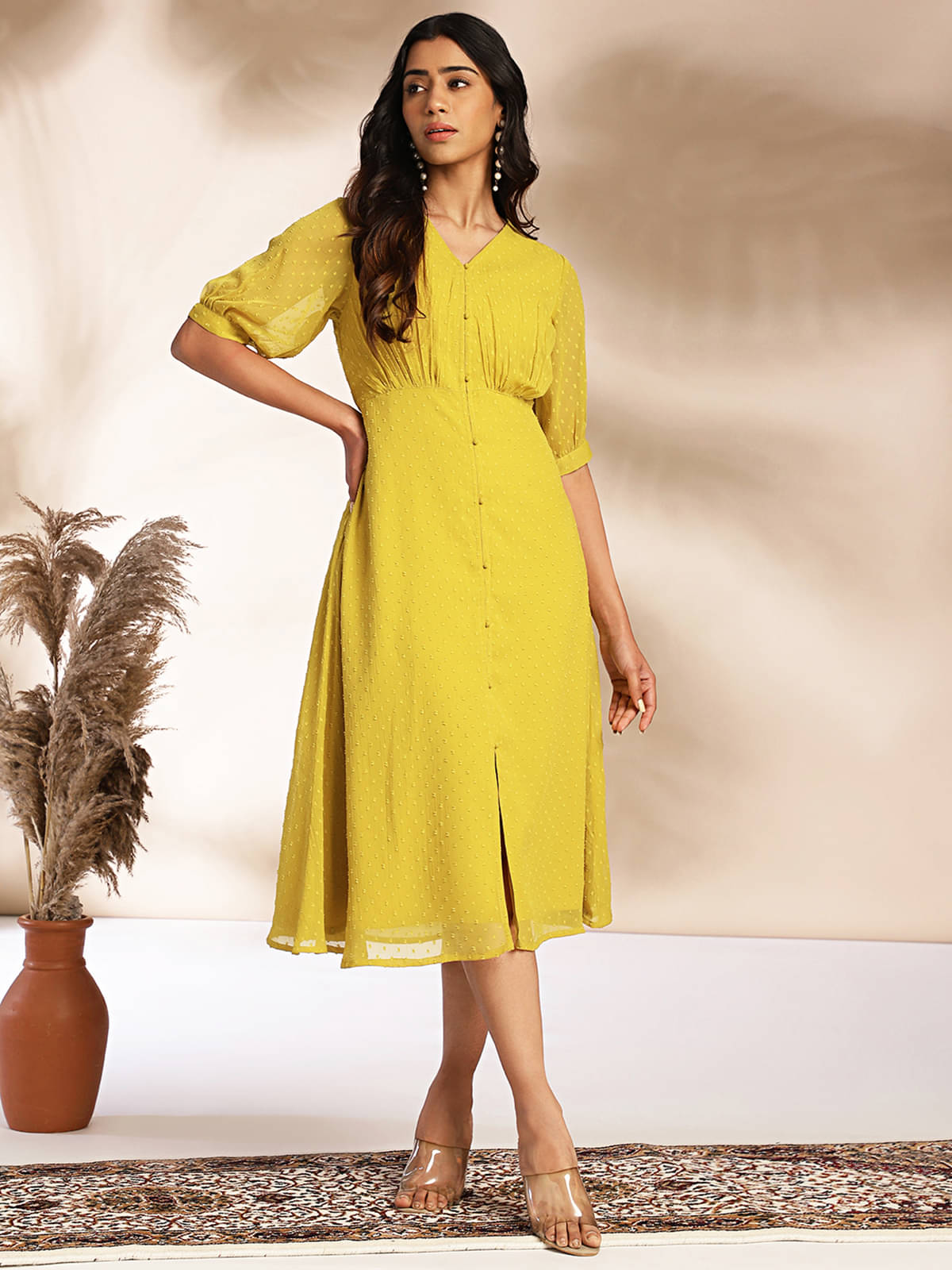 Janasya Women Chiffon Self Design A-line Dress ( Mustard ) Janasya Women Chiffon Self Design A-line Dress ( Mustard )