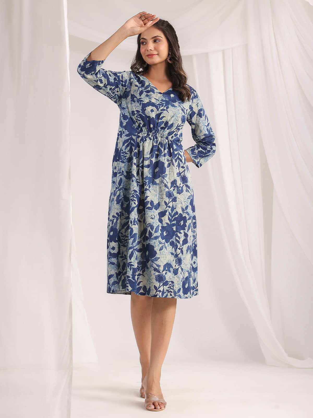 Janasya Women Cotton Printed A-line Dress ( Indigo )