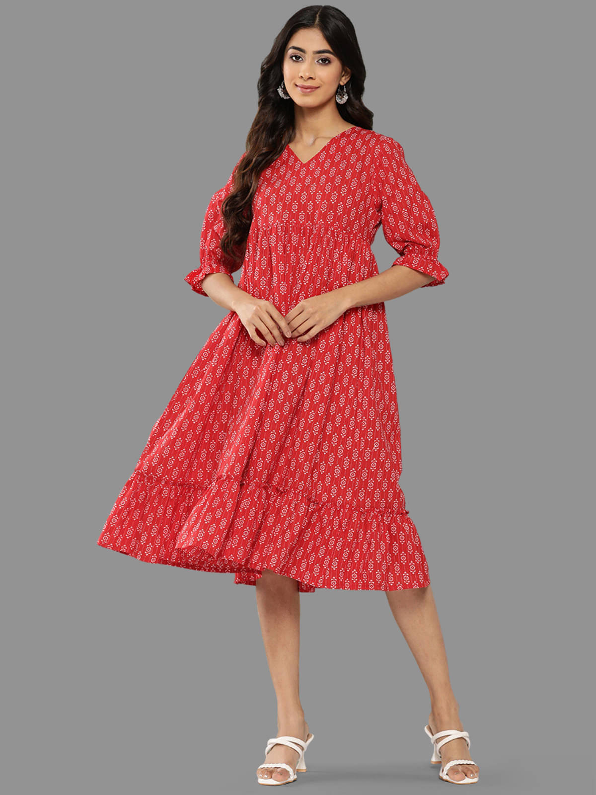 Janasya Women Cotton Printed Fit & Flare Dress ( Red ) Janasya Women Cotton Printed Fit & Flare Dress ( Red )
