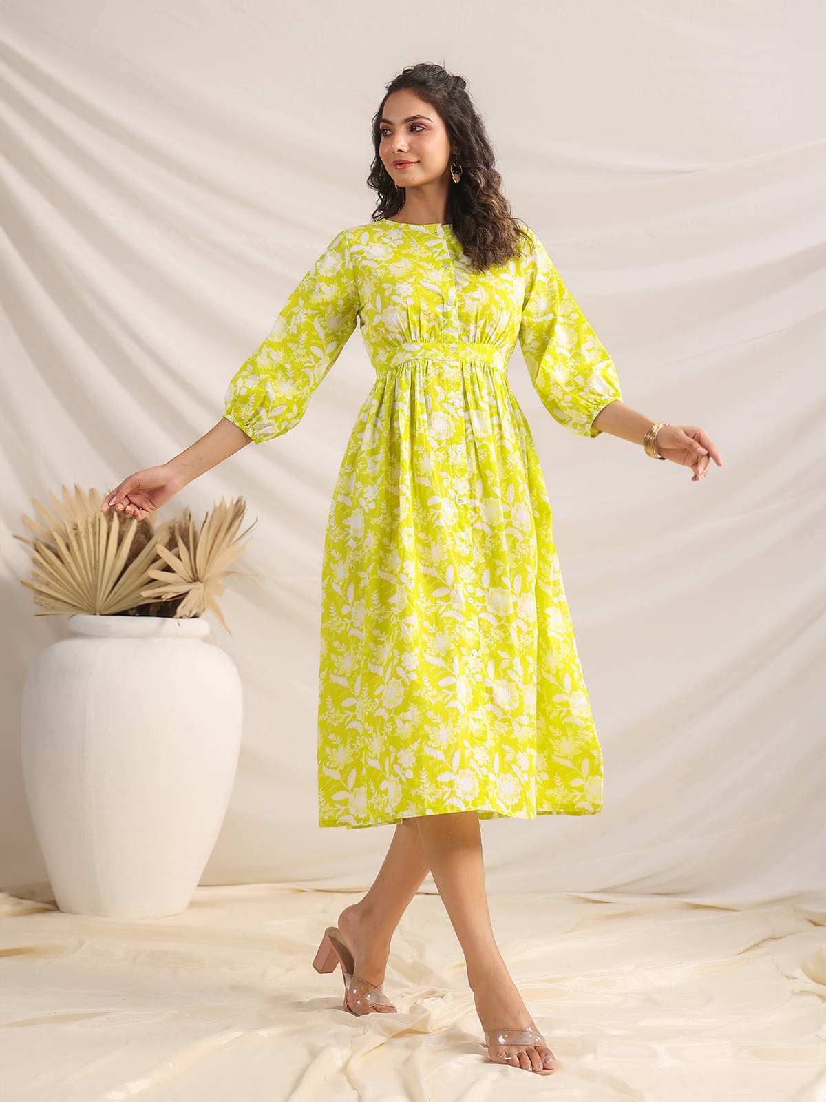 Janasya Women Cotton Printed A-line Dress ( Lime Green ) Janasya Women Cotton Printed A-line Dress ( Lime Green )