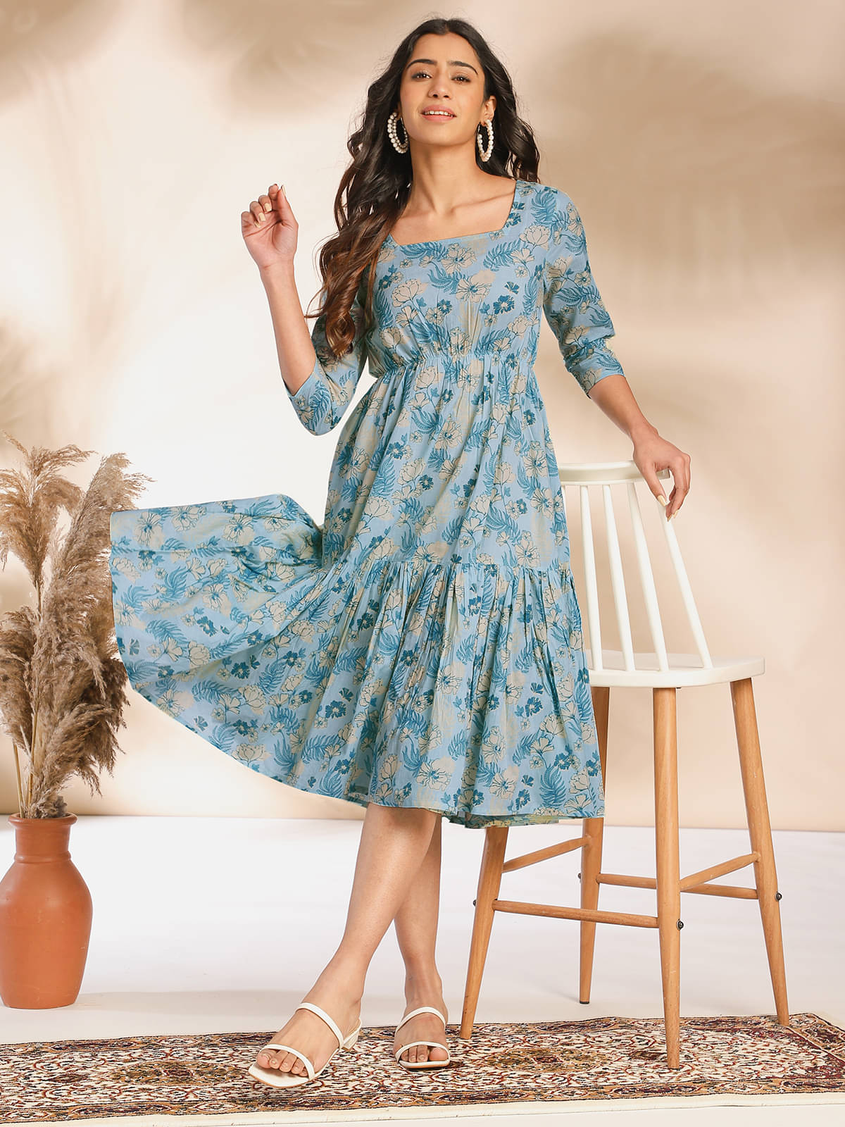     			Janasya Women Cotton Printed Fit & Flare Dress ( Light Blue )