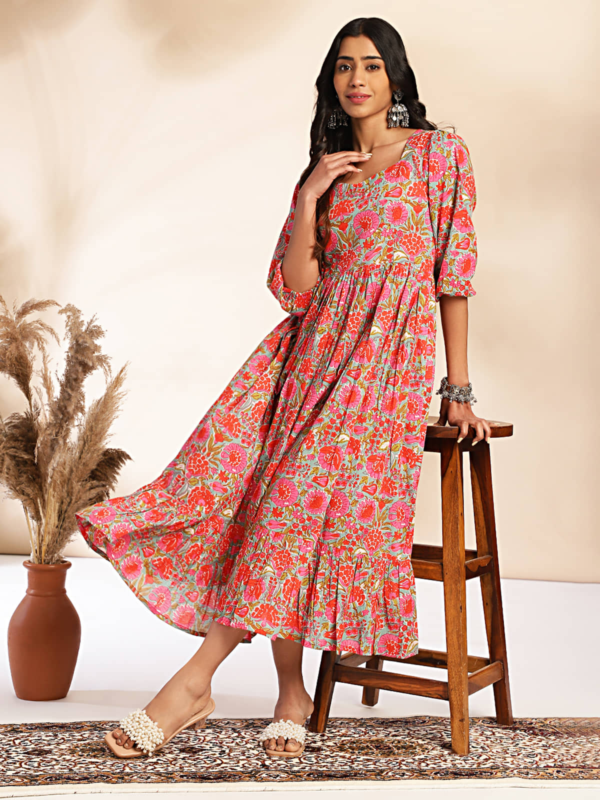 Janasya Women Cotton Printed Fit & Flare Dress ( Multi Color )