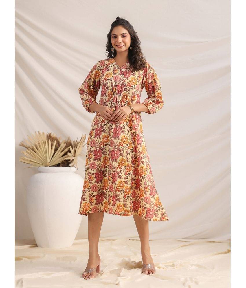     			Janasya Women Cotton Printed Fit & Flare Dress ( Yellow )