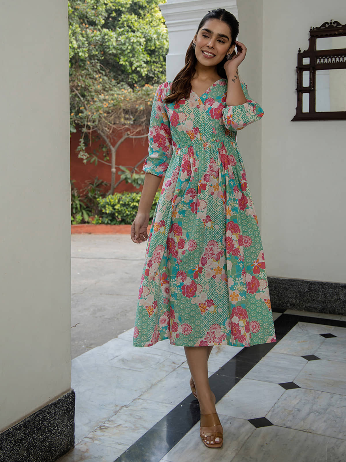 Janasya Women Cotton Printed Fit & Flare Dress ( Green )