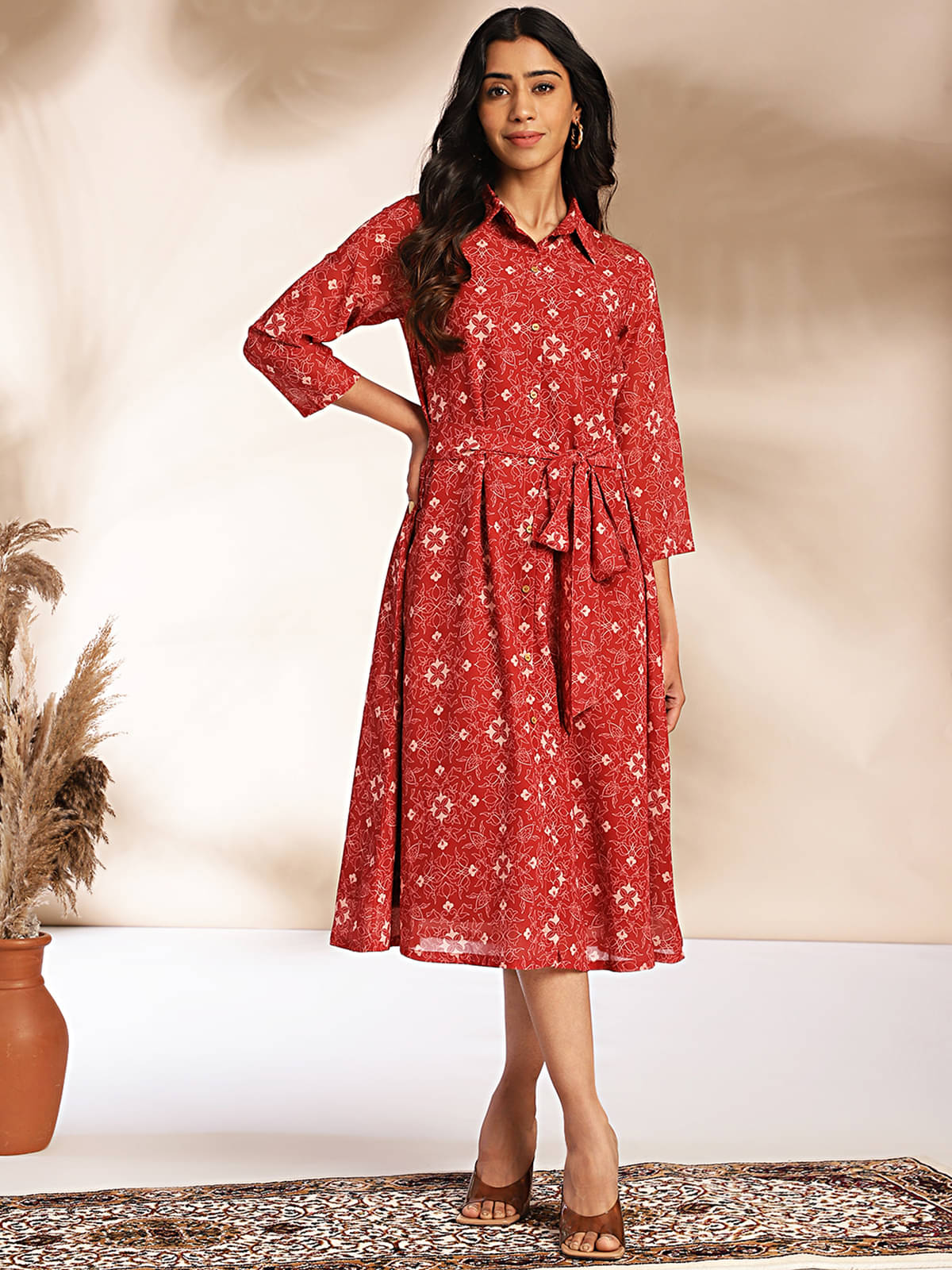 Janasya Georgette Printed Midi Women's Shirt Dress - Maroon ( Pack of 1 ) Janasya Georgette Printed Midi Women's Shirt Dress - Maroon ( Pack of 1 )