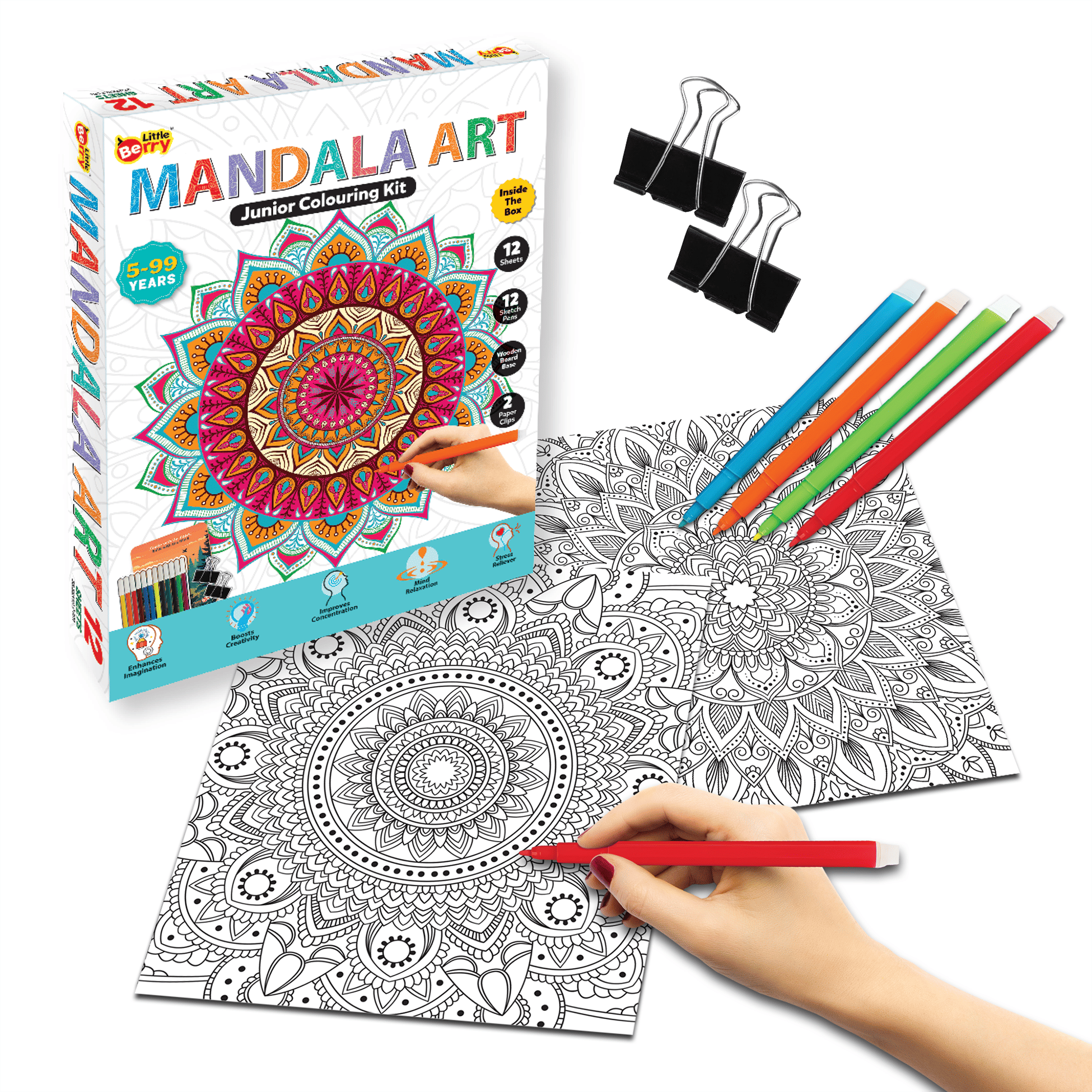 Junior Mandala Art Colouring Kit for Adults & Kids (5-99 Years) - Art & Craft Kit for Girls - Mandala Kit for Girls - Art & Craft Set for Kids - Colouring Kit with 12 Unique Designs, Sketch Pens - Gifting, Mind Relaxation Kit