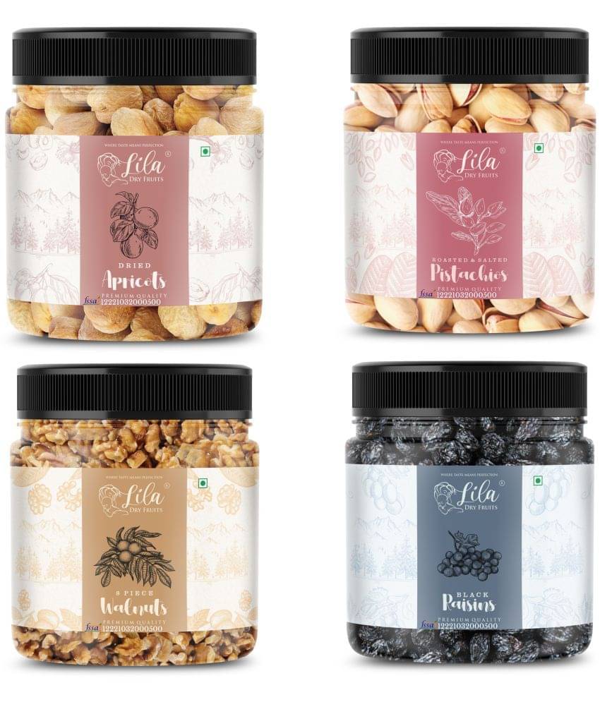 Lila Dry Fruits Pistachios(250gm), Walnut(250gm), Black Raisin(250gm), Apricots(250gm) Combo Lila Dry Fruits Pistachios(250gm), Walnut(250gm), Black Raisin(250gm), Apricots(250gm) Combo