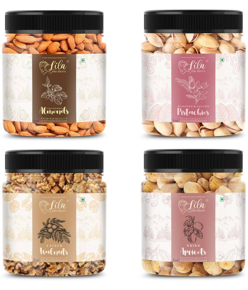 Lila Dry Fruits Almond(100gm), Salted Pista (100gm), Walnuts (100gm) & Apricots(100 gm) Lila Dry Fruits Almond(100gm), Salted Pista (100gm), Walnuts (100gm) & Apricots(100 gm)