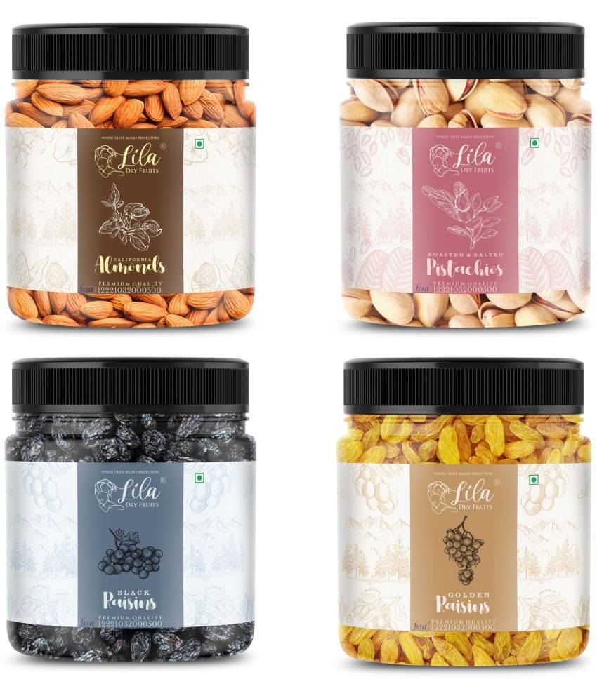Lila Dry Fruits Almond(100gm), Salted Pista (100gm), Green Raisin(100gm) & Black Raisin(100 gm) Lila Dry Fruits Almond(100gm), Salted Pista (100gm), Green Raisin(100gm) & Black Raisin(100 gm)
