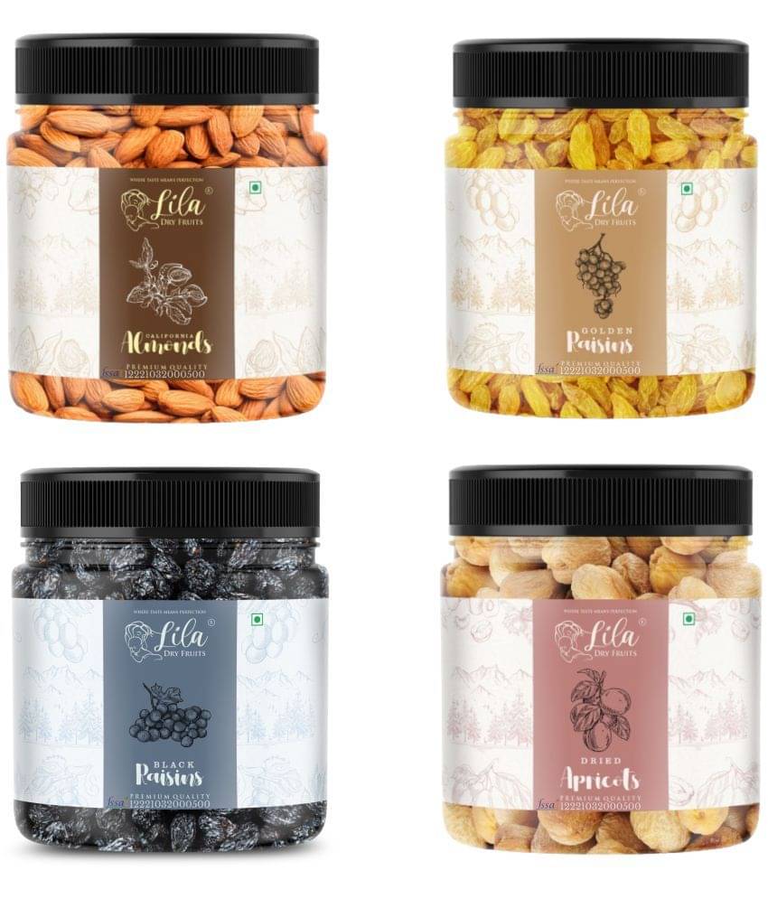 Lila Dry Fruits Almonds(250gm), Green Raisins(250gm), Black Raisins(250gm) & Apricots(250 gm) Lila Dry Fruits Almonds(250gm), Green Raisins(250gm), Black Raisins(250gm) & Apricots(250 gm)