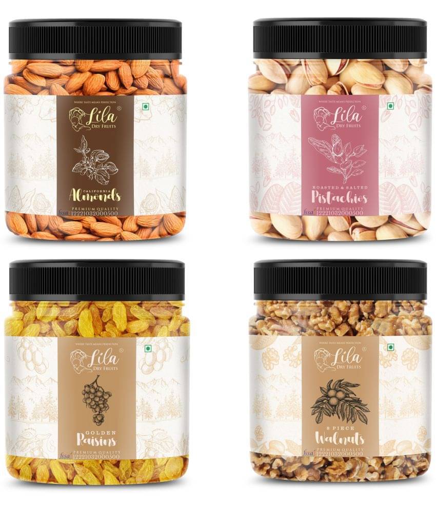 Lila Dry Fruits Almond(250gm), Salted Pista (250gm), Walnuts (250gm) & Green Raisin(250 gm) Lila Dry Fruits Almond(250gm), Salted Pista (250gm), Walnuts (250gm) & Green Raisin(250 gm)