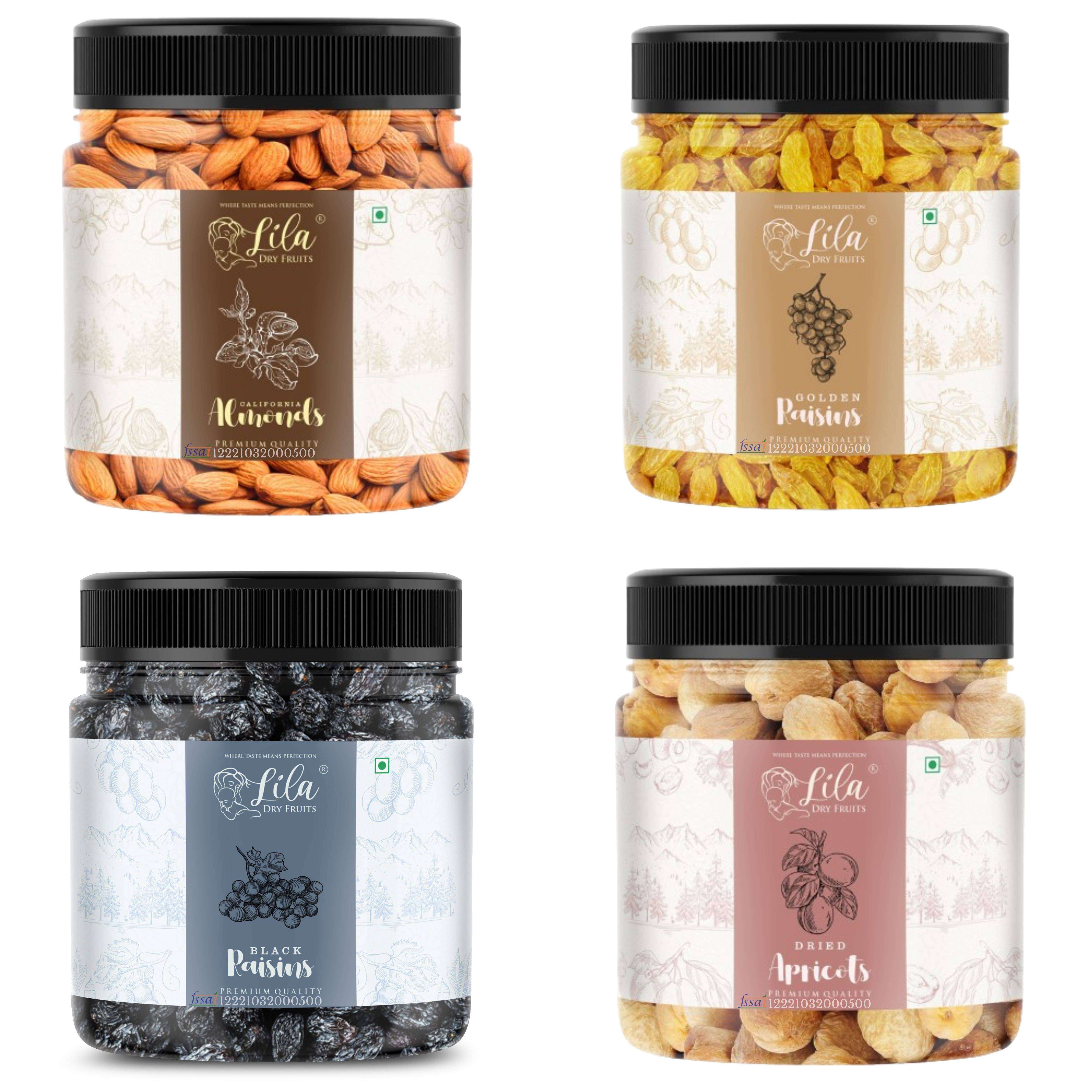 Lila Dry Fruits Combo Almonds, Green Raisin, Black Raisin, Apricots 100 Grams Each (100g x 4) Lila Dry Fruits Combo Almonds, Green Raisin, Black Raisin, Apricots 100 Grams Each (100g x 4)