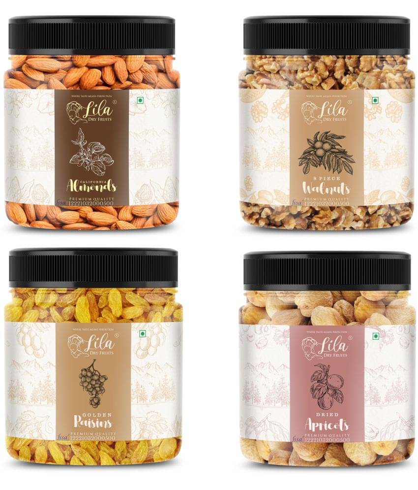 Lila Dry Fruits Almond(250gm), Walnuts(250gm), Green Raisins (250gm) & Apricots(250 gm) Lila Dry Fruits Almond(250gm), Walnuts(250gm), Green Raisins (250gm) & Apricots(250 gm)