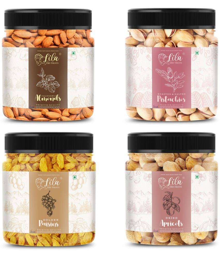 Lila Dry Fruits Almond(250gm), Salted Pista (250gm), Green Raisin (250gm) & Apricots(250 gm) Lila Dry Fruits Almond(250gm), Salted Pista (250gm), Green Raisin (250gm) & Apricots(250 gm)