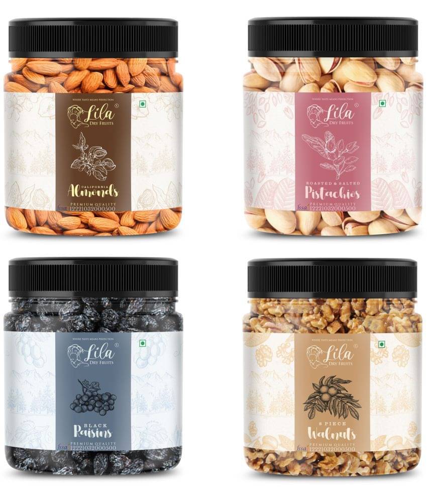 Lila Dry Fruits Almond(100gm), Salted Pista (100gm), Walnuts (100gm) & Black Raisin(100 gm) Lila Dry Fruits Almond(100gm), Salted Pista (100gm), Walnuts (100gm) & Black Raisin(100 gm)