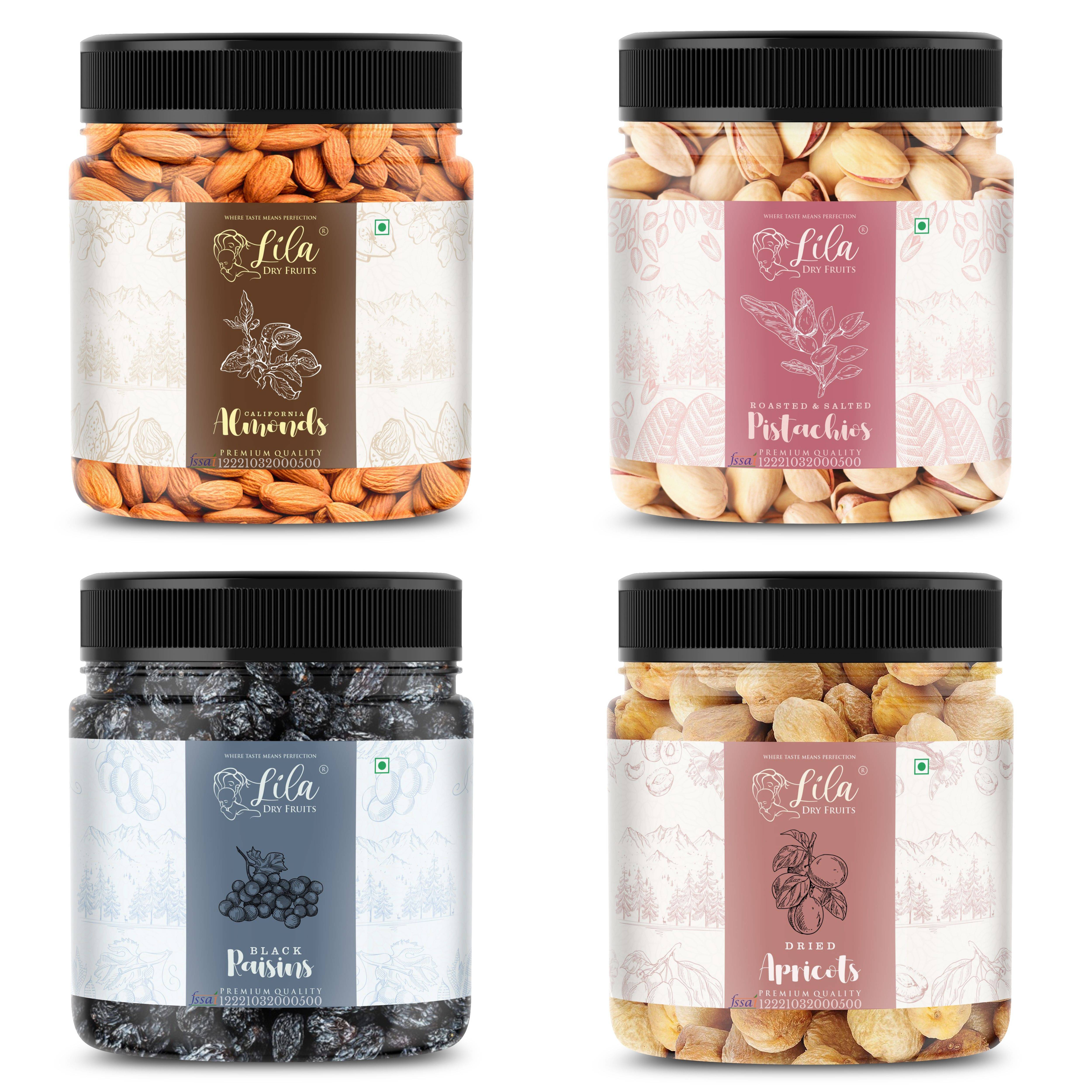     			Lila Dry Fruits Combo Almonds, Pista, Black Raisin, Apricots 100 Grams Each (100g x 4)