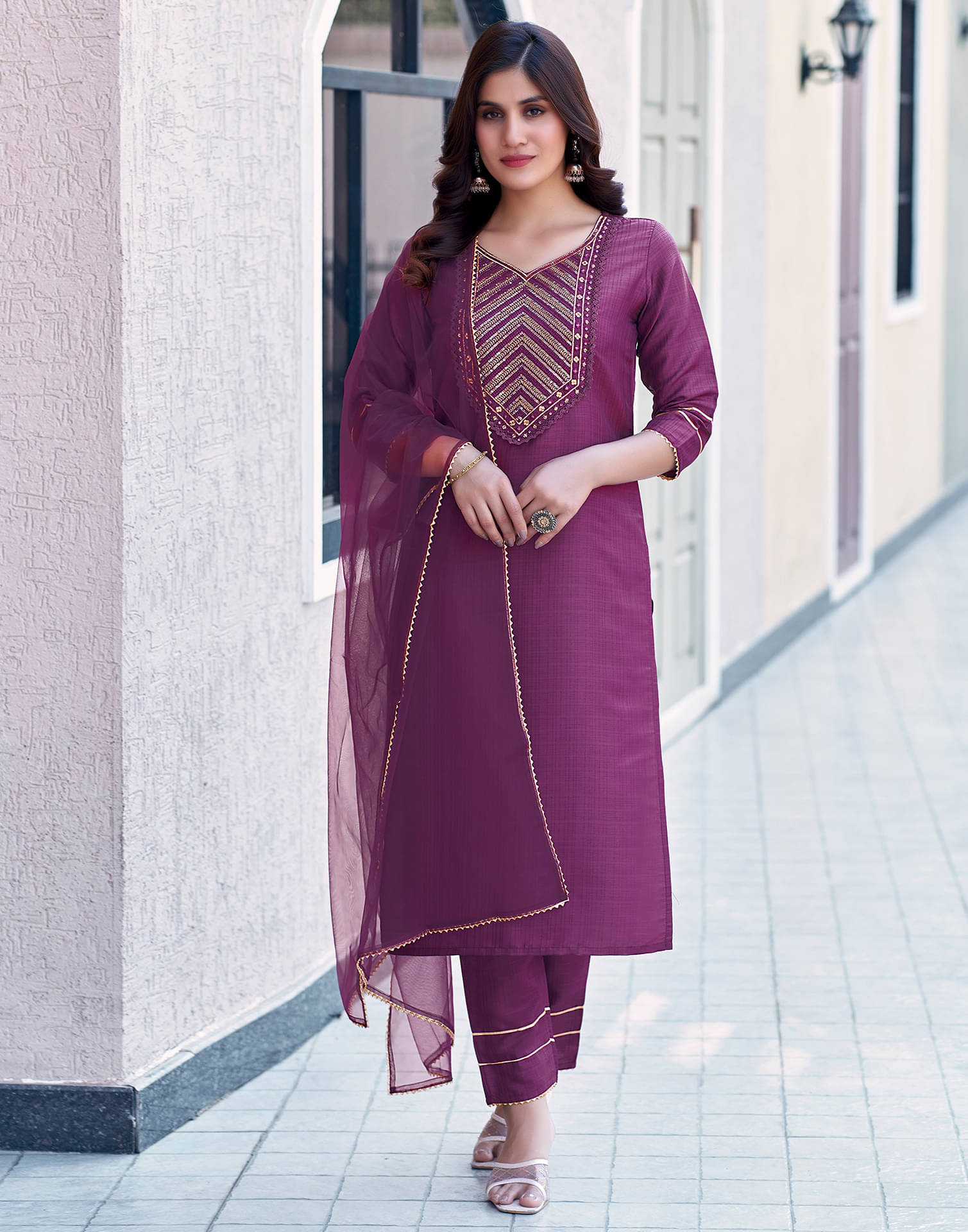     			Skylee Silk Blend Embroidered Kurti With Pants Women's Stitched Salwar Suit - Wine ( Pack of 1 )
