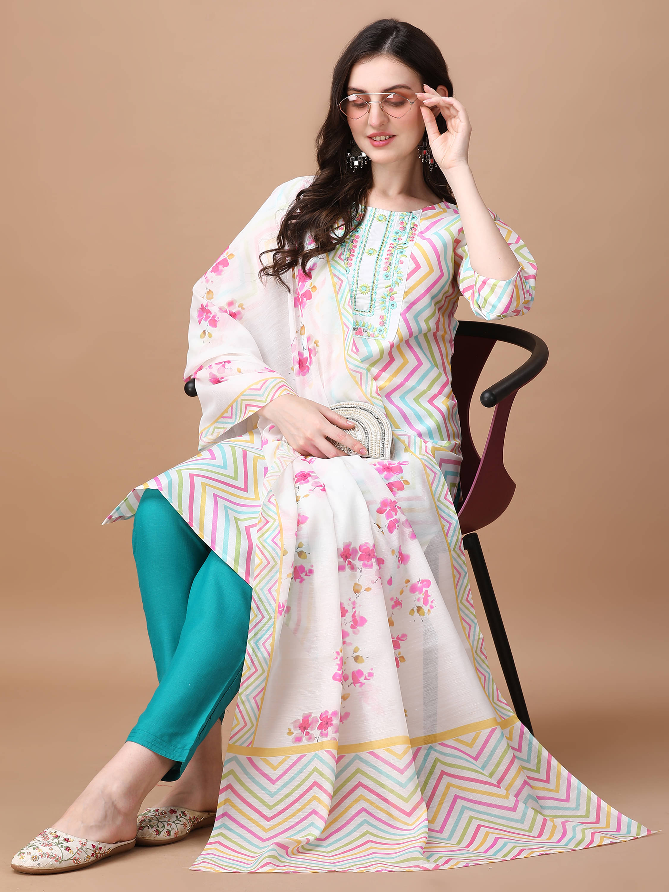     			TRAHIMAM Cotton Blend Embroidered Kurti With Pants Women's Stitched Salwar Suit - Multicolor ( Pack of 1 )