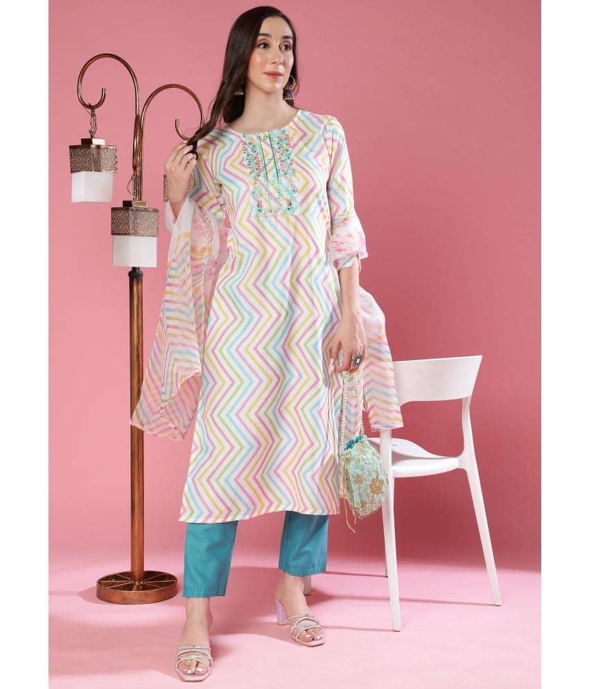     			TRAHIMAM Cotton Blend Embroidered Kurti With Palazzo Women's Stitched Salwar Suit - White ( Pack of 1 )