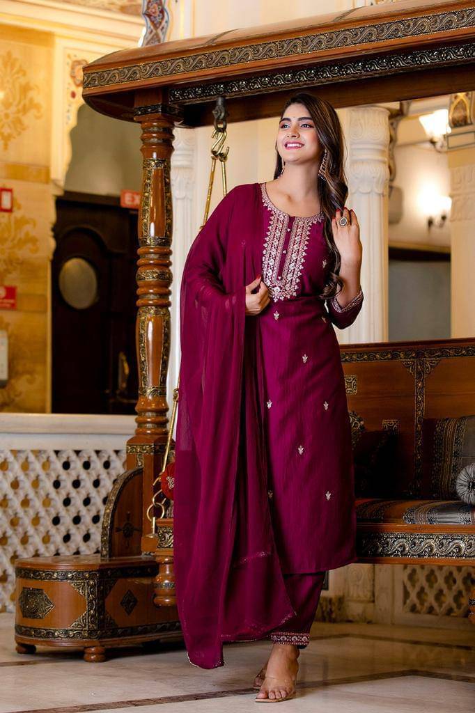 TRAHIMAM Rayon Embroidered Kurti With Pants Women's Stitched Salwar Suit - Purple ( Pack of 1 ) TRAHIMAM Rayon Embroidered Kurti With Pants Women's Stitched Salwar Suit - Purple ( Pack of 1 )