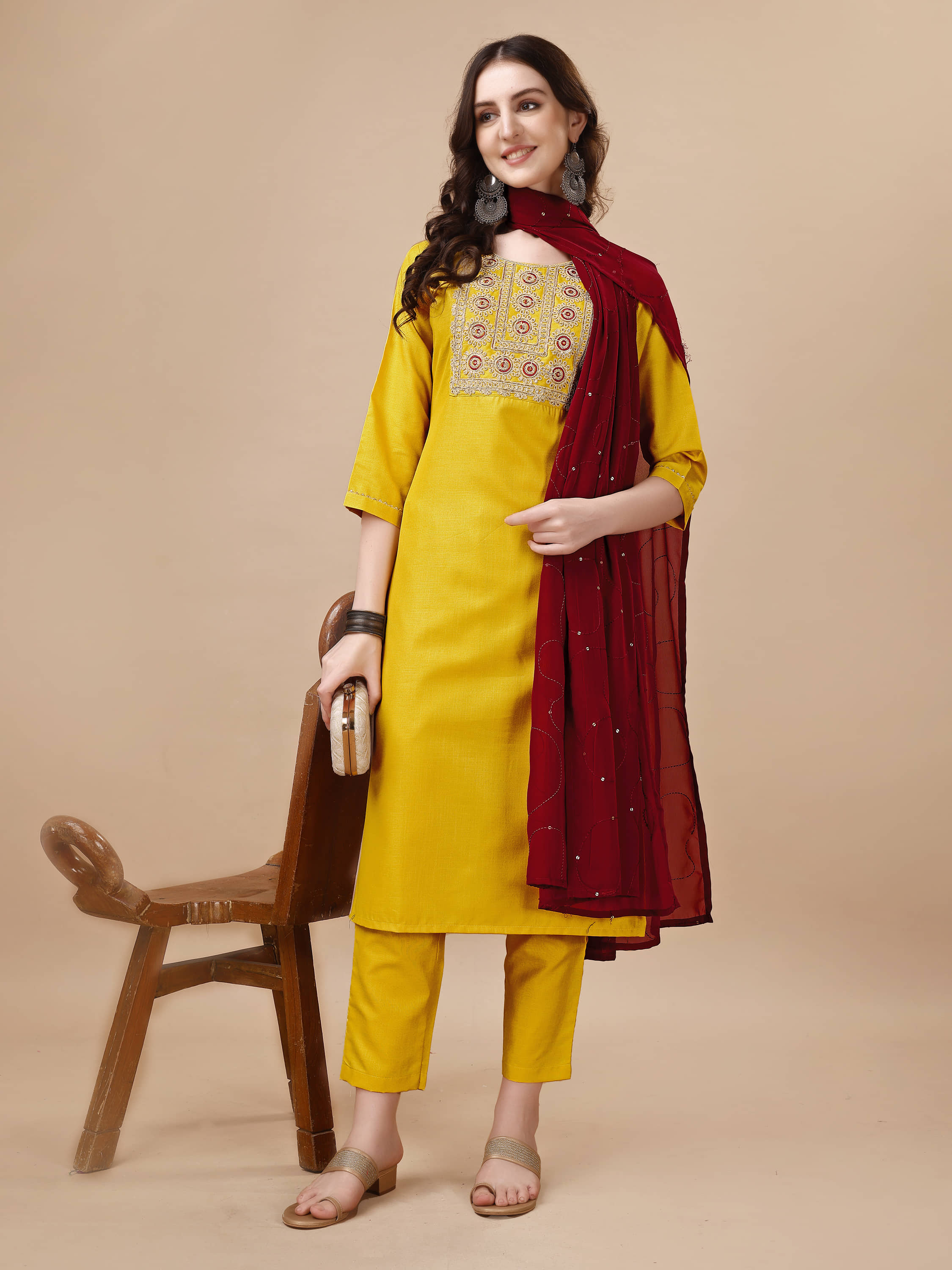 TRAHIMAM Viscose Embroidered Kurti With Pants Women's Stitched Salwar Suit - Yellow ( Pack of 1 )