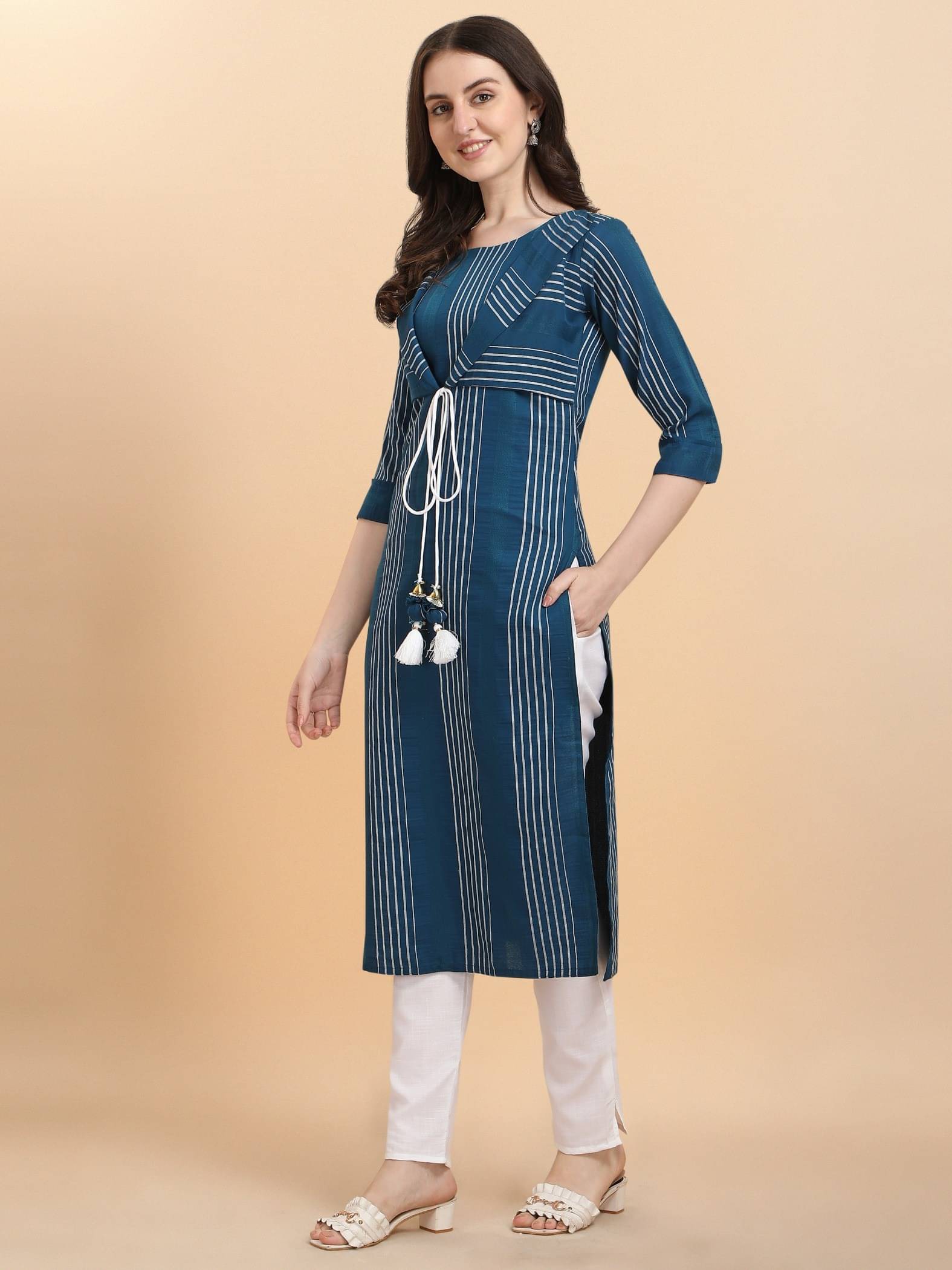     			TRAHIMAM Viscose Printed Kurti With Pants Women's Stitched Salwar Suit - Blue ( Pack of 1 )