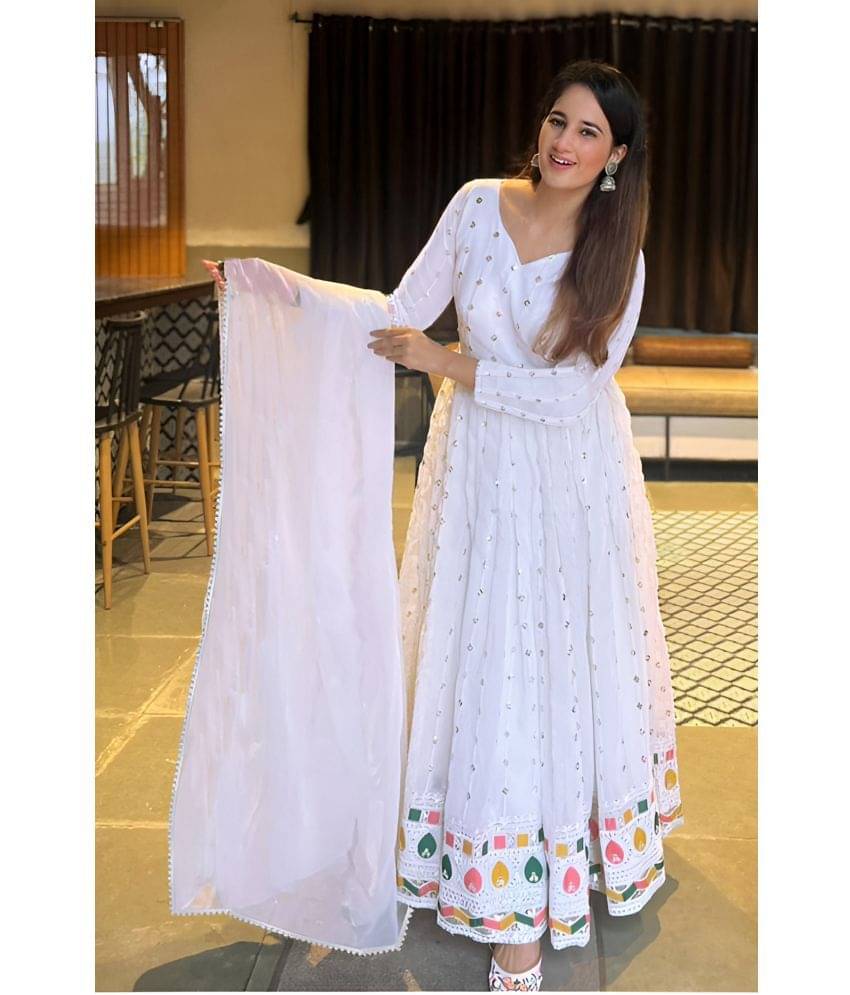 Trijal Fab White Anarkali Georgette Women's Stitched Ethnic Gown ( Pack of 1 ) Trijal Fab White Anarkali Georgette Women's Stitched Ethnic Gown ( Pack of 1 )