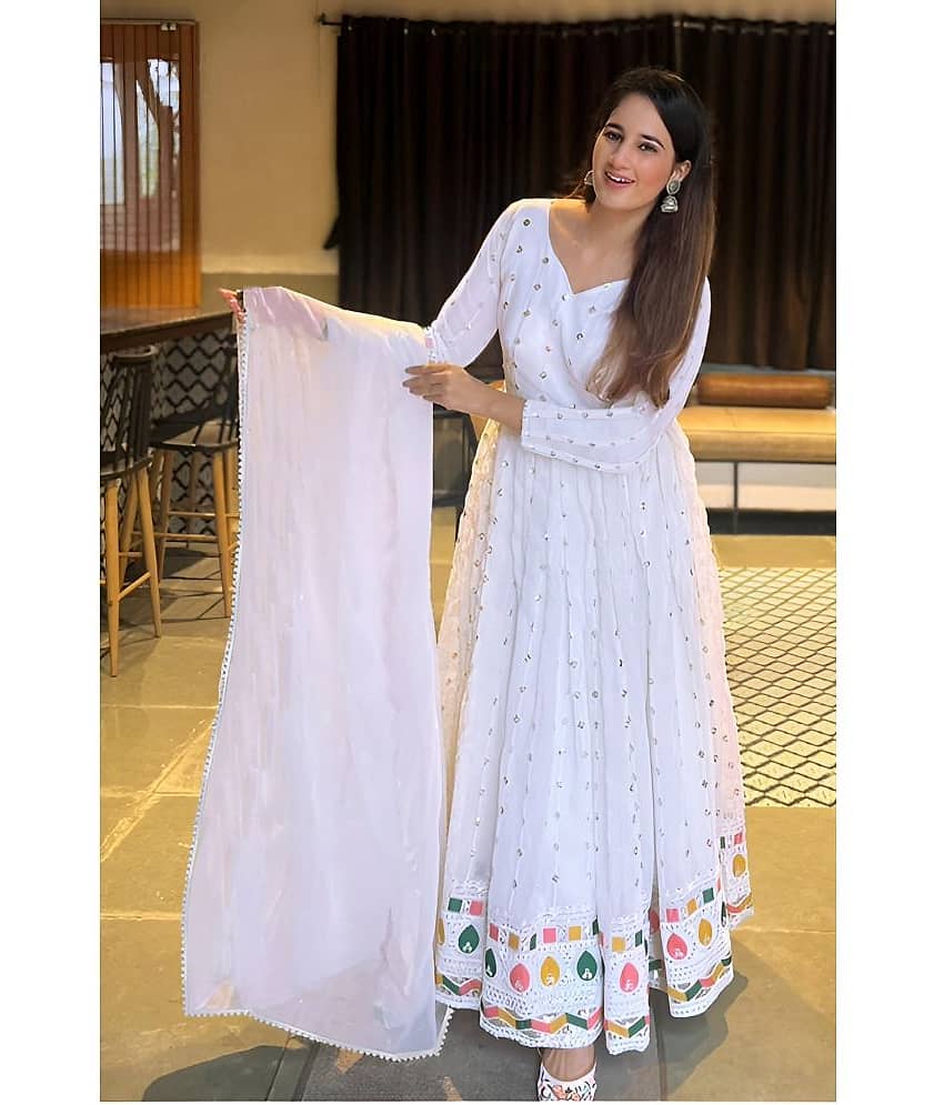 kedar fab White Anarkali Georgette Women's Stitched Ethnic Gown ( Pack of 1 ) - Unstitched Fabrics | Buy online on ZillyBuy
