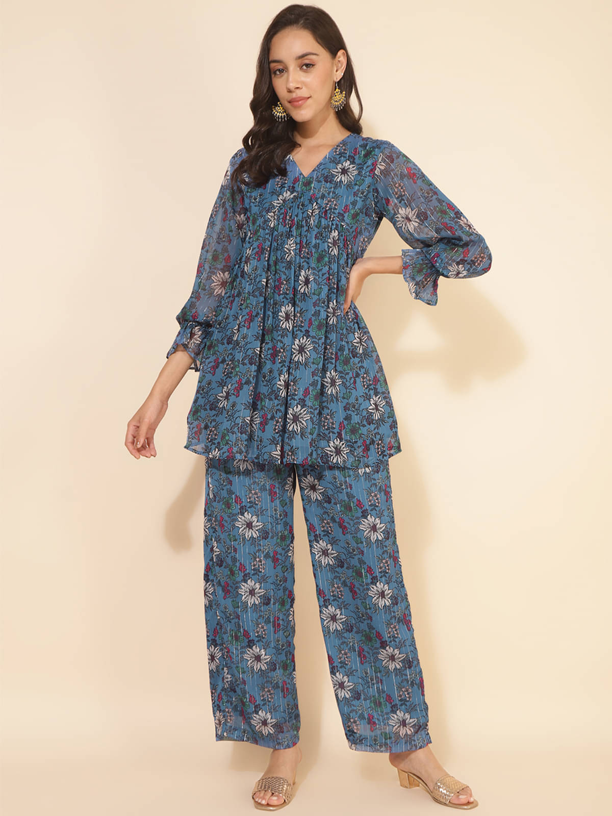     			Janasya Women Chiffon Printed Flared Kurti With Pants ( Blue )