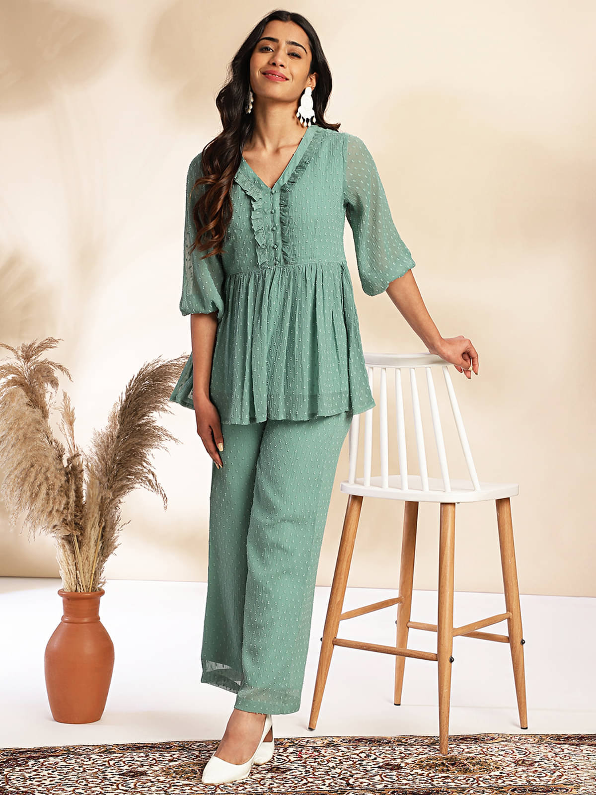     			Janasya Women Chiffon Self Design A-line Kurti With Palazzo ( Green )