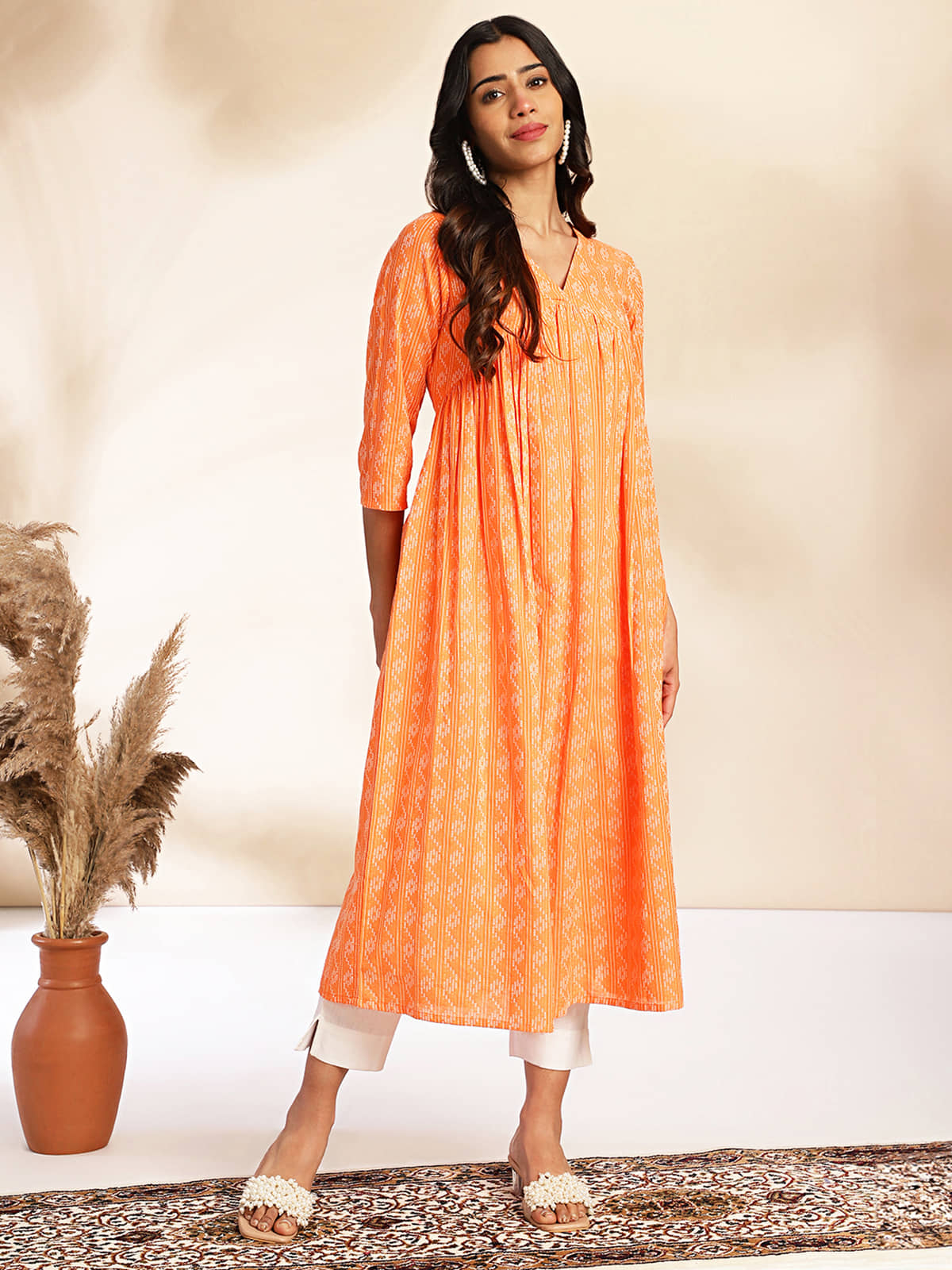 Janasya Cotton Printed A-line Women's Kurti - Orange ( Pack of 1 ) - Kurtis, Tunics | Buy online on ZillyBuy