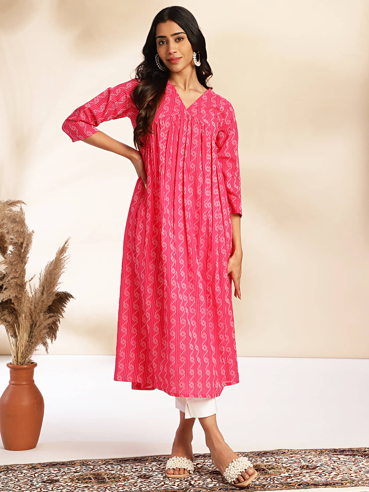 Janasya Cotton Printed A-line Women's Kurti - Pink ( Pack of 1 ) - Kurtis, Tunics | Buy online on ZillyBuy