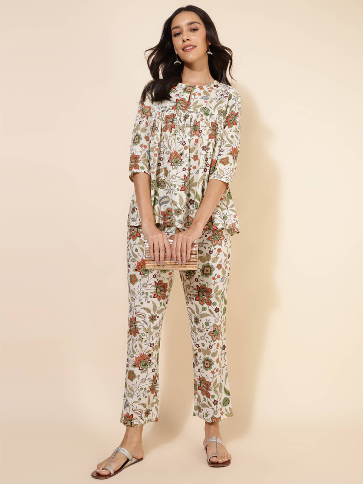     			Janasya Women Printed Tunic With Trousers Co-Ord Set ( Off White )