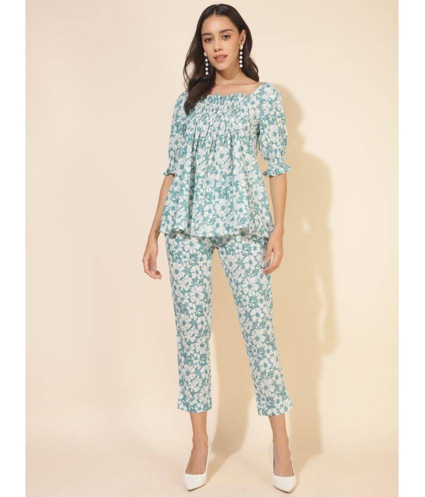 Janasya Women Cotton Printed A-line Kurti With Pants ( Light Blue )     			Janasya Women Cotton Printed A-line Kurti With Pants ( Light Blue )