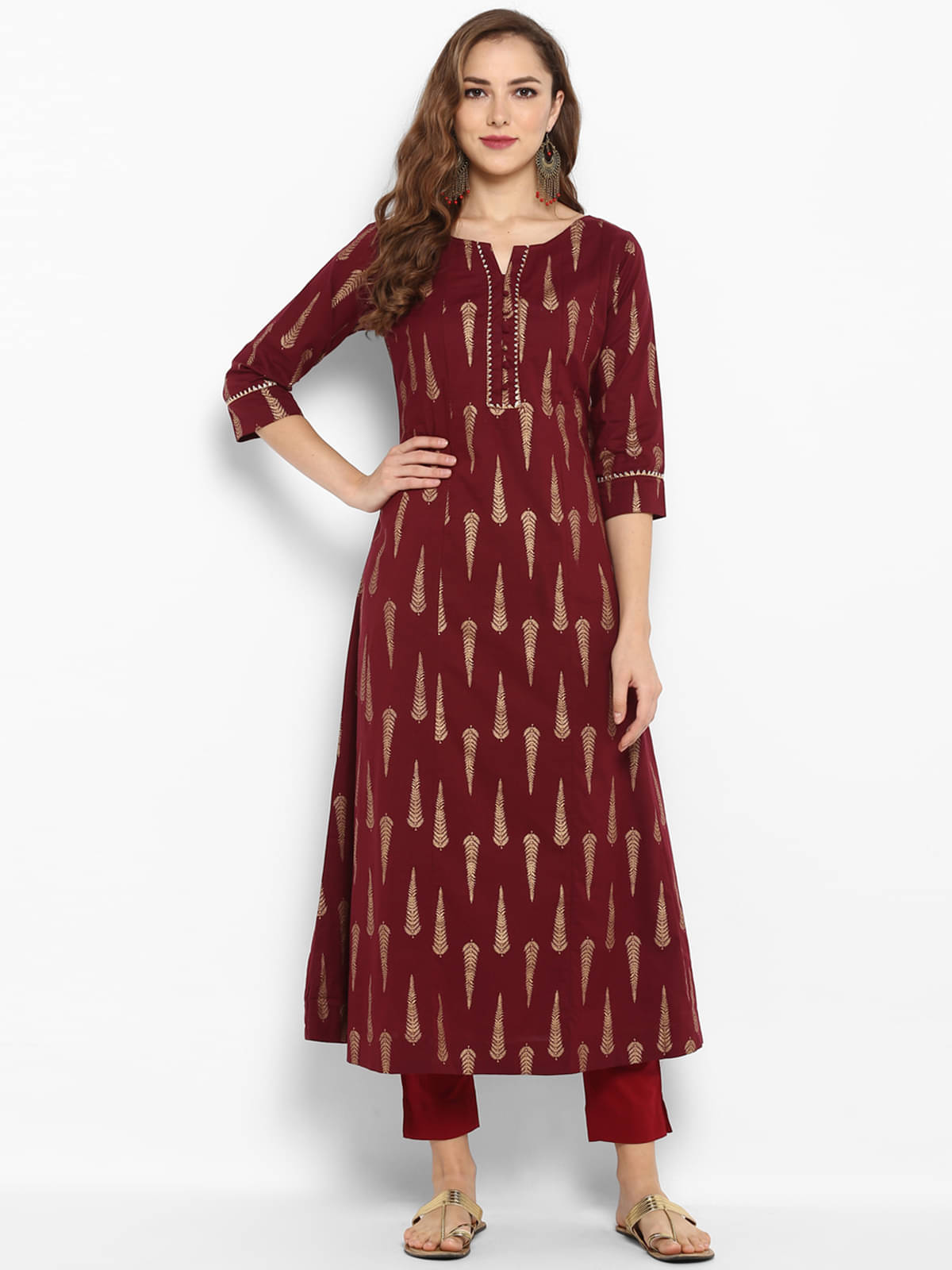     			Janasya Cotton Printed Flared Women's Kurti - Maroon ( Pack of 1 )