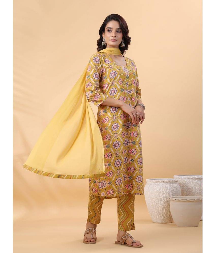     			Janasya Cotton Printed Kurti With Pants Women's Stitched Salwar Suit - Mustard ( Pack of 1 )