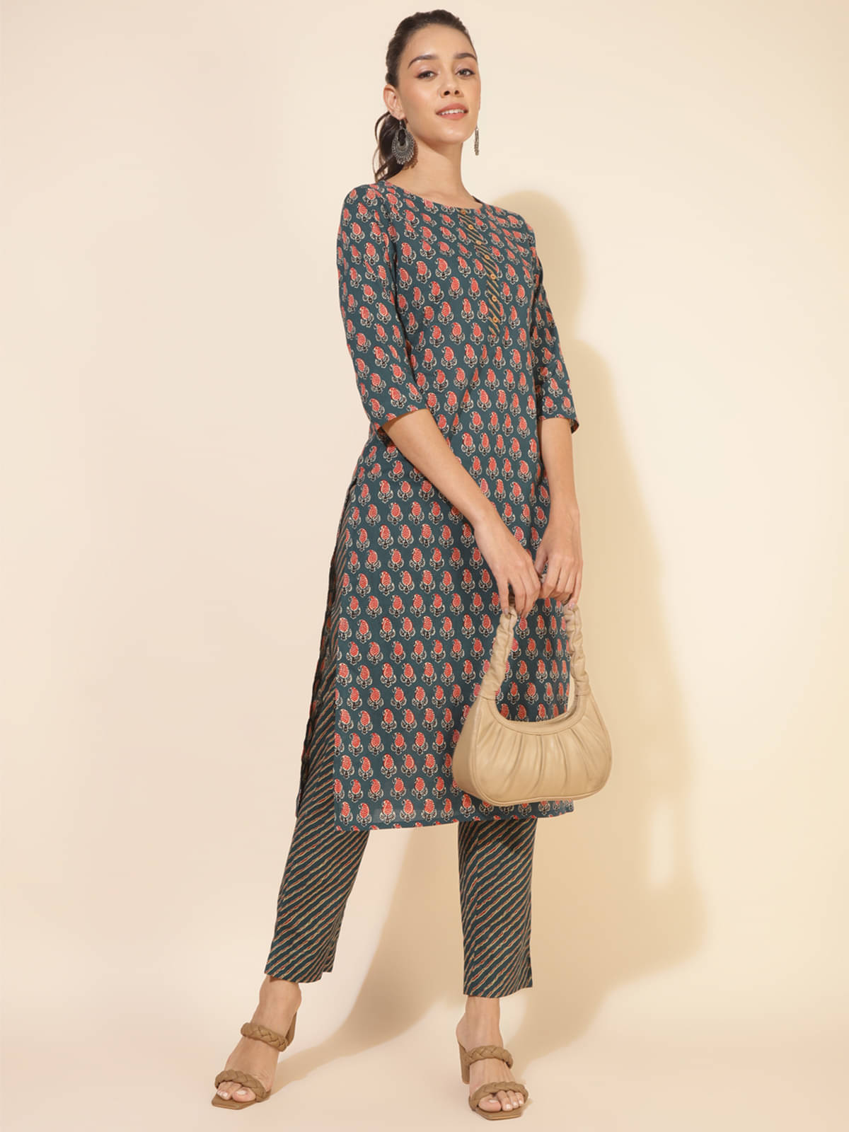 Janasya Cotton Printed Kurti With Pants Women's Stitched Salwar Suit - Teal ( Pack of 1 ) Janasya Cotton Printed Kurti With Pants Women's Stitched Salwar Suit - Teal ( Pack of 1 )