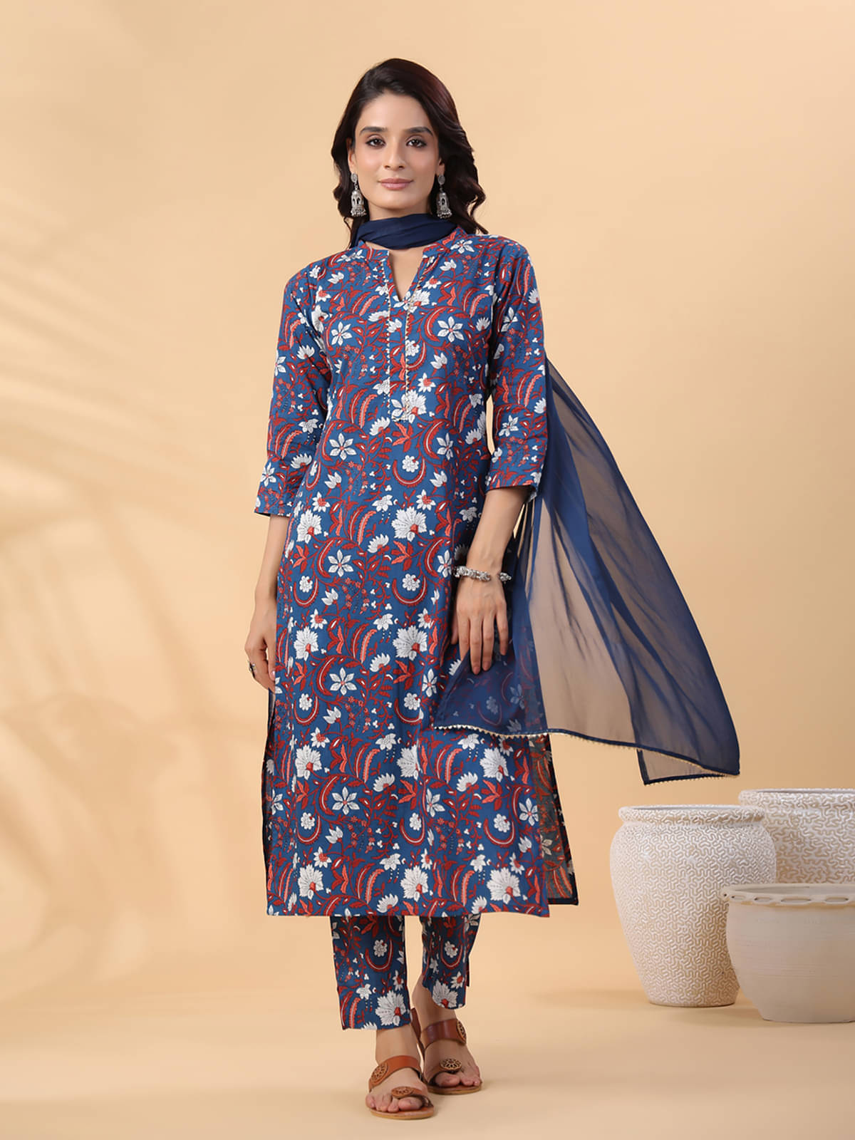     			Janasya Cotton Printed Kurti With Pants Women's Stitched Salwar Suit - Navy Blue ( Pack of 1 )