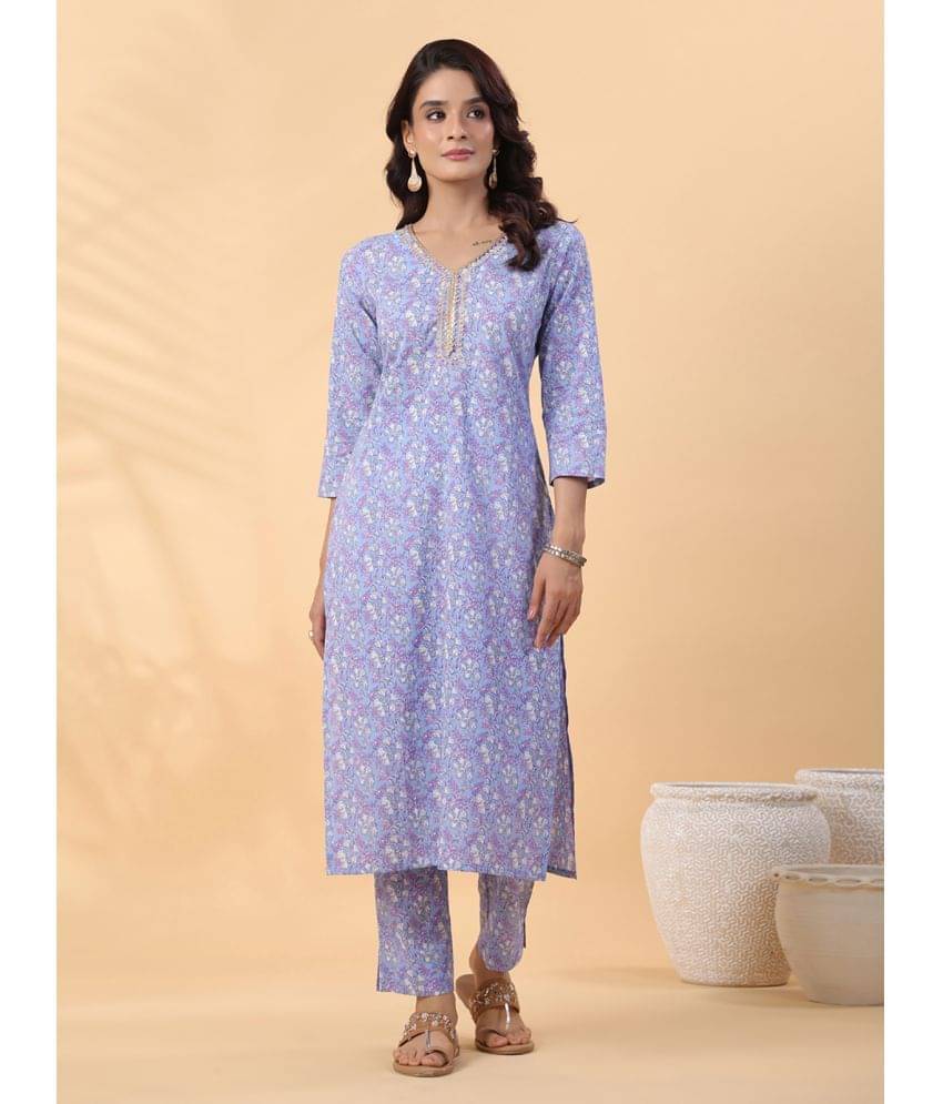 Janasya Cotton Printed Kurti With Pants Women's Stitched Salwar Suit - Blue ( Pack of 1 ) Janasya Cotton Printed Kurti With Pants Women's Stitched Salwar Suit - Blue ( Pack of 1 )
