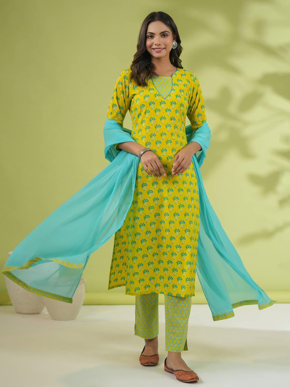     			Janasya Cotton Printed Kurti With Pants Women's Stitched Salwar Suit - Yellow ( Pack of 1 )