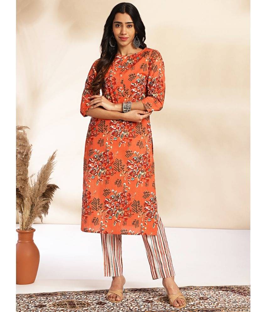     			Janasya Cotton Printed Kurti With Pants Women's Stitched Salwar Suit - Orange ( Pack of 1 )