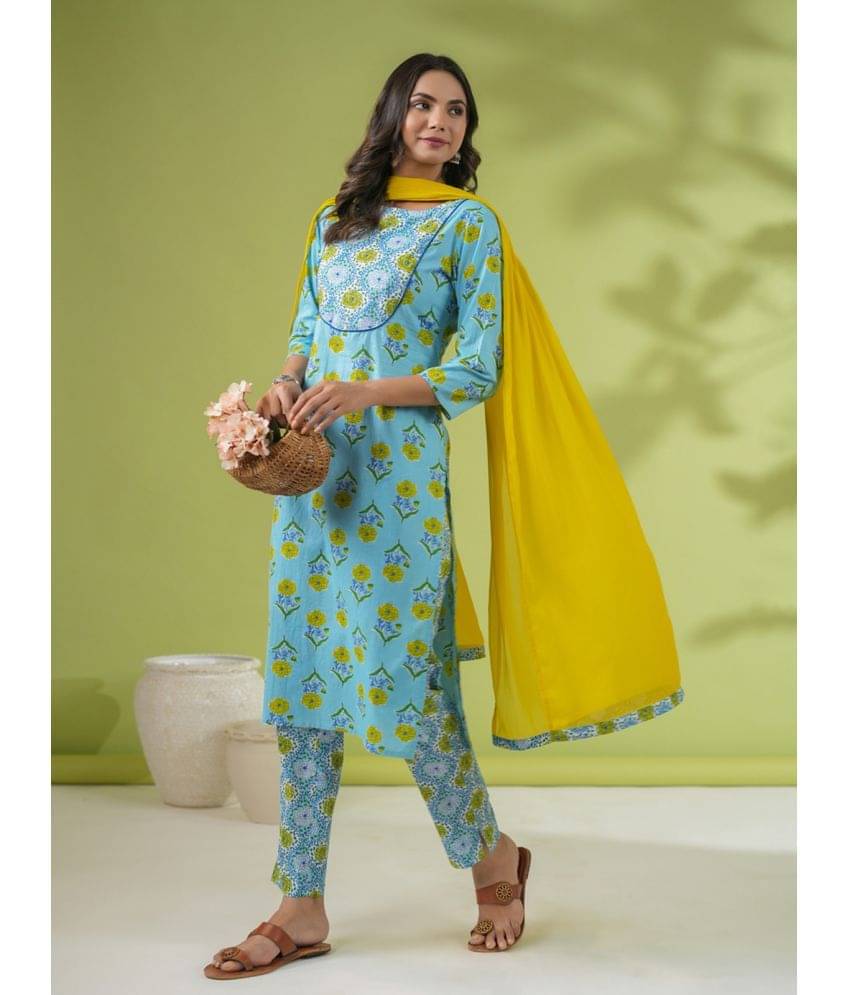 Janasya Cotton Printed Kurti With Pants Women's Stitched Salwar Suit - Light Blue ( Pack of 1 ) Janasya Cotton Printed Kurti With Pants Women's Stitched Salwar Suit - Light Blue ( Pack of 1 )