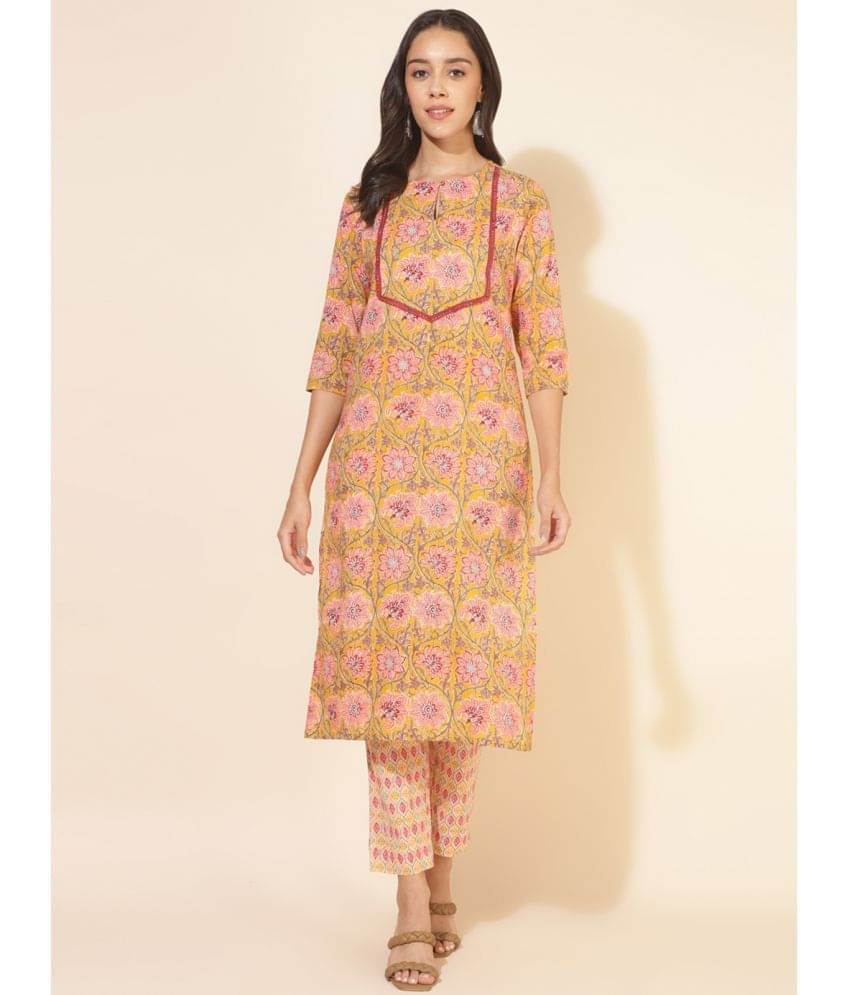 Janasya Cotton Printed Kurti With Pants Women's Stitched Salwar Suit - Mustard ( Pack of 1 ) Janasya Cotton Printed Kurti With Pants Women's Stitched Salwar Suit - Mustard ( Pack of 1 )
