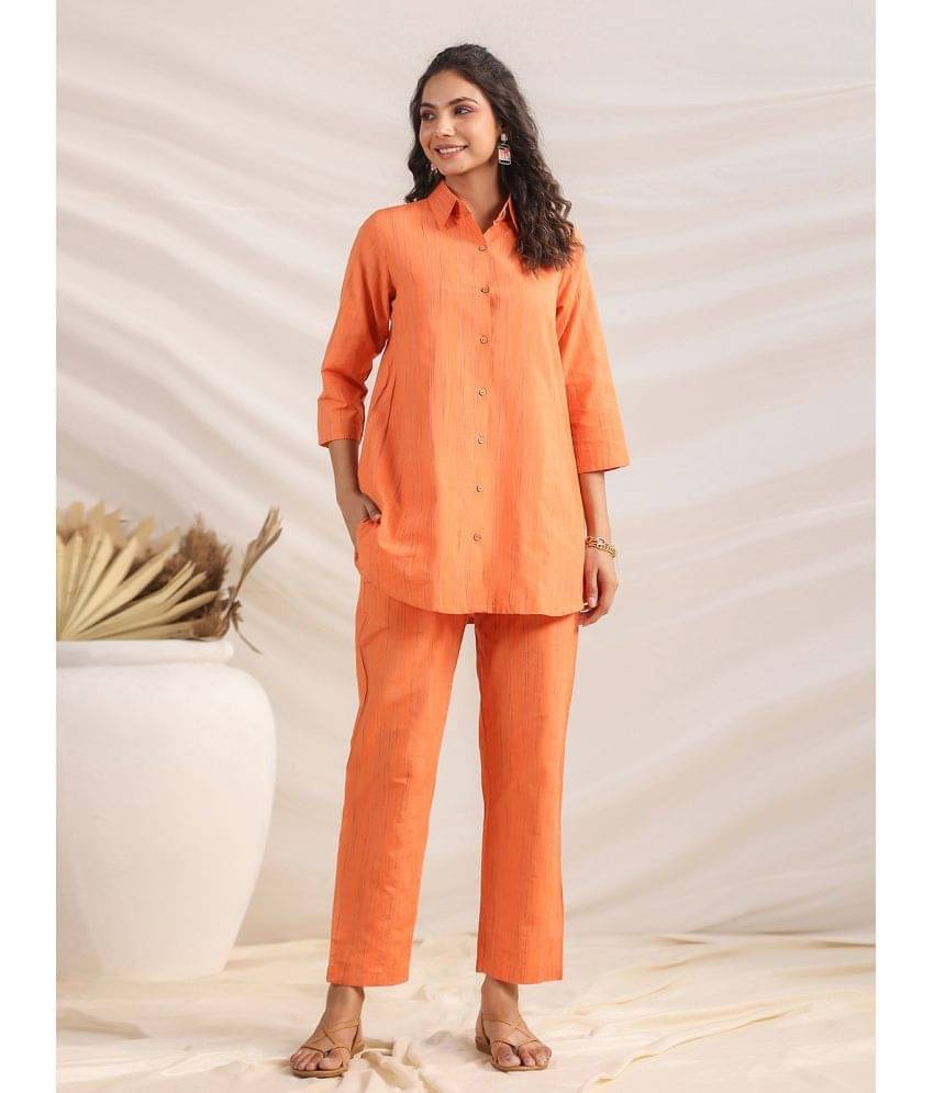    			Janasya Women Striped Shirt With Trousers Co-Ord Set ( Orange )