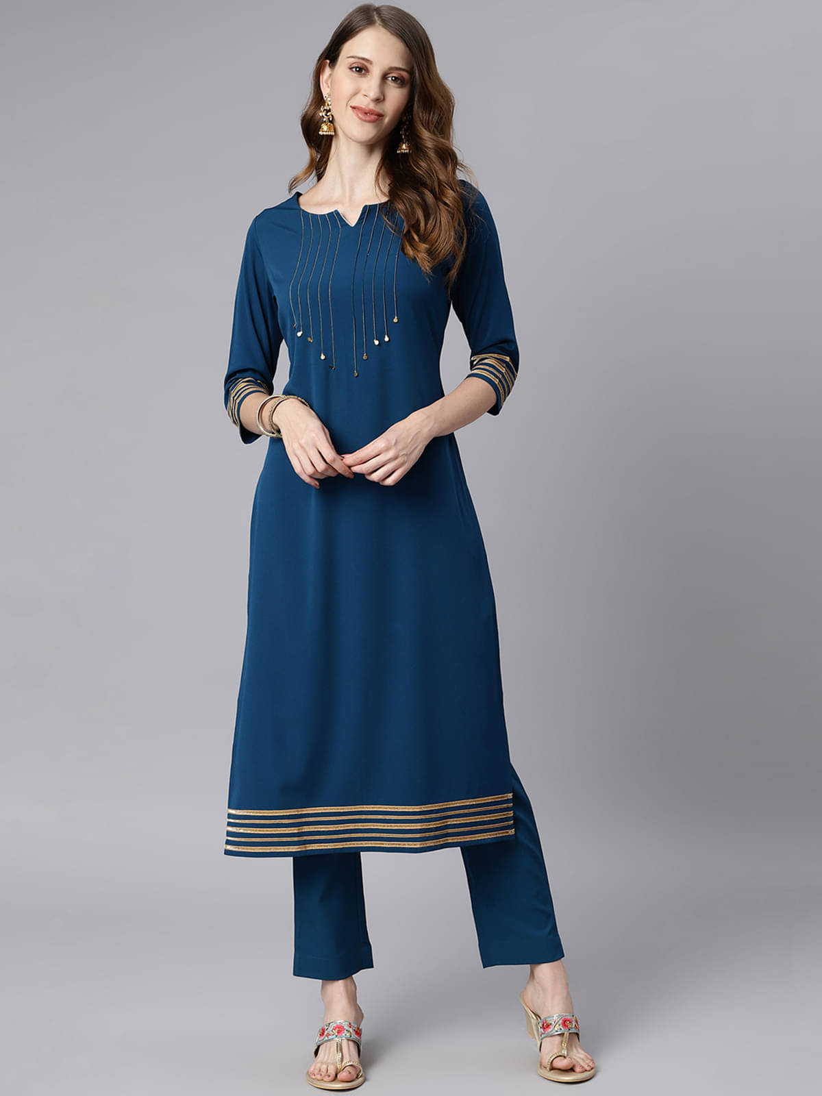     			Janasya Crepe Embellished Kurti With Pants Women's Stitched Salwar Suit - Teal ( Pack of 1 )