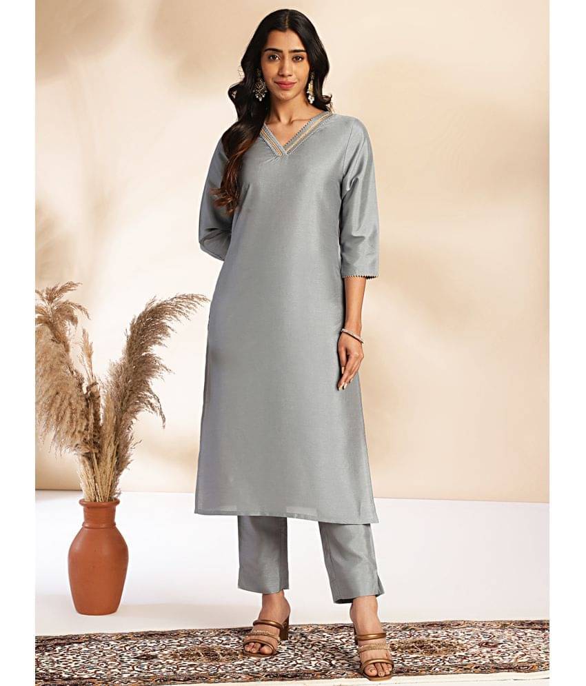     			Janasya Crepe Solid Kurti With Pants Women's Stitched Salwar Suit - Grey ( Pack of 1 )