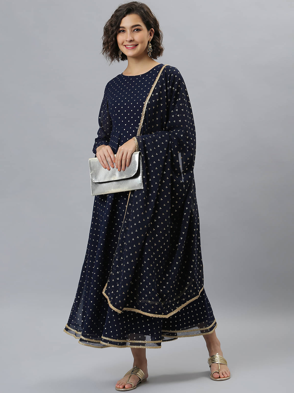 Janasya Georgette Printed Flared Women's Kurti with Dupatta - Navy Blue ( Pack of 1 ) Janasya Georgette Printed Flared Women's Kurti with Dupatta - Navy Blue ( Pack of 1 )