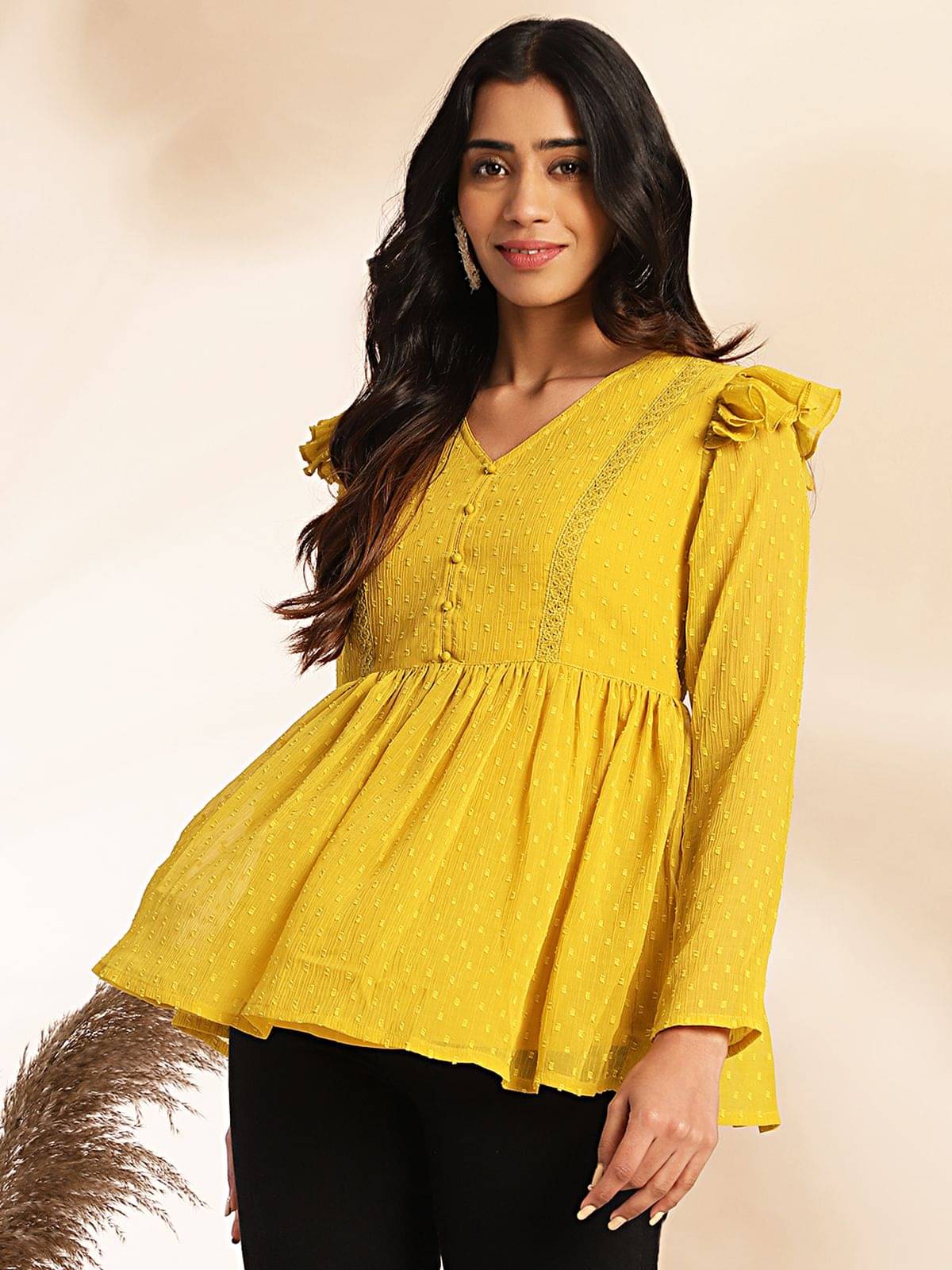 Janasya Women's Chiffon Peplum Top ( Mustard ) Janasya Women's Chiffon Peplum Top ( Mustard )